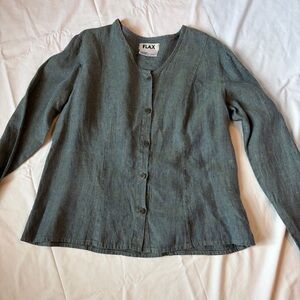 FLAX 100% Linen Jacket Size Small Blue Green Tab Detail Button Front